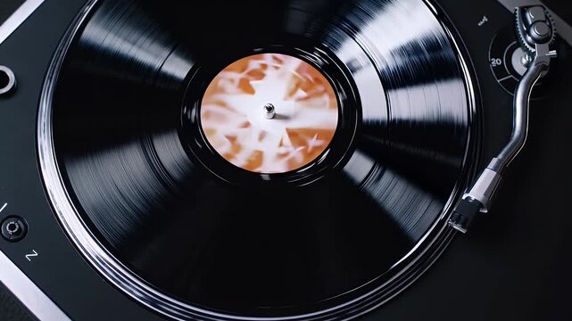 stylish 4K macro shot of a black vinyl record spinning on a DJ turntable with a white orange center label creating rhythmic rotation perfect for retro music visuals or party scenes
