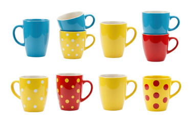 Colorful ceramic mugs collection with polka dots and solid colors. Cut out PNG