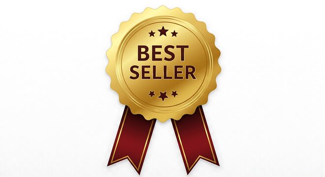 Best Seller Gold Ribbon Award with Red Ribbons and Stars - Powered by Adobe