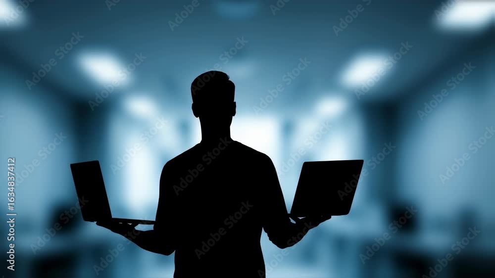 Poster man holding and manipulating two laptops symbolizing choice and technology integration, design conce