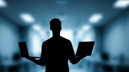Man holding and manipulating two laptops symbolizing choice and technology integration, design concept footage. - Powered by Adobe