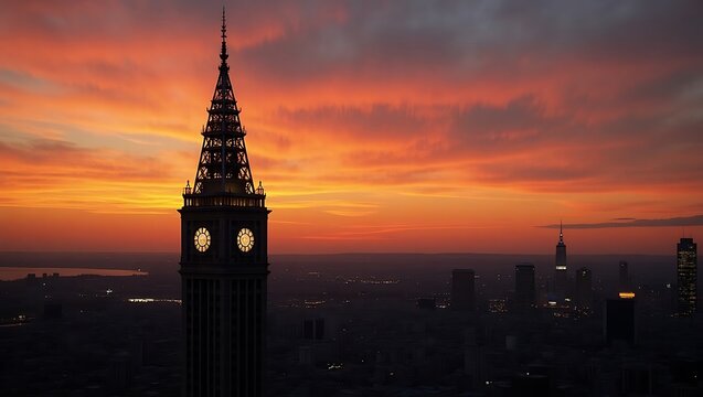 Elegant silhouette of a towering steel structure is softened by the warm golden light of dusk