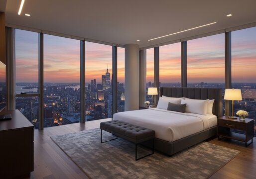 Luxurious bedroom with panoramic city views at sunset