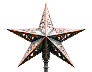 Ornate metal star decoration with intricate floral and scrollwork designs. Rustic cop isolated on a transparent background.