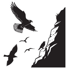 Obraz premium Majestic eagles soaring gracefully above rugged cliffs under a bright sky in a dramatic silhouette illustration