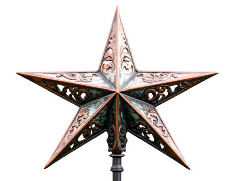 Ornate metal star decoration with intricate floral and scrollwork designs. Rustic cop isolated on a transparent background.
