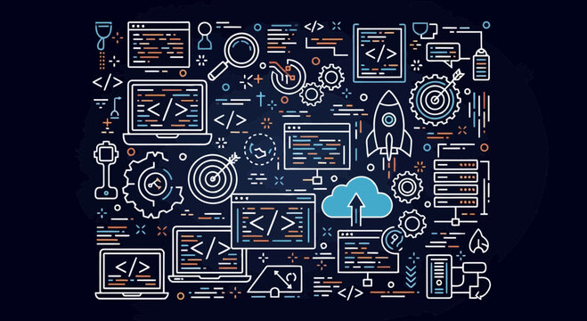 Programming and coding icon collection. Includes coding symbols, computer icons, and software development elements. Created in line style with blue and orange palette.