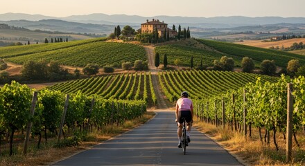 Biking through vineyards near a countryside villa in Tuscany during sunset