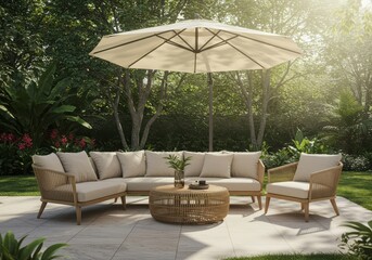 Fototapeta premium Elegant outdoor patio furniture set with umbrella and coffee table