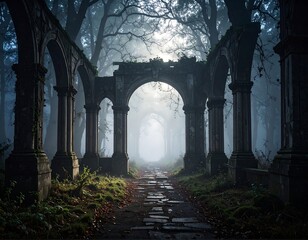 Stone archway ruin path in misty forest