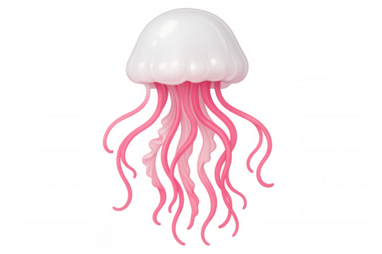 Pink jellyfish gliding through transparent background, white-capped, revealing translucent tentacles and vivid marine coloration