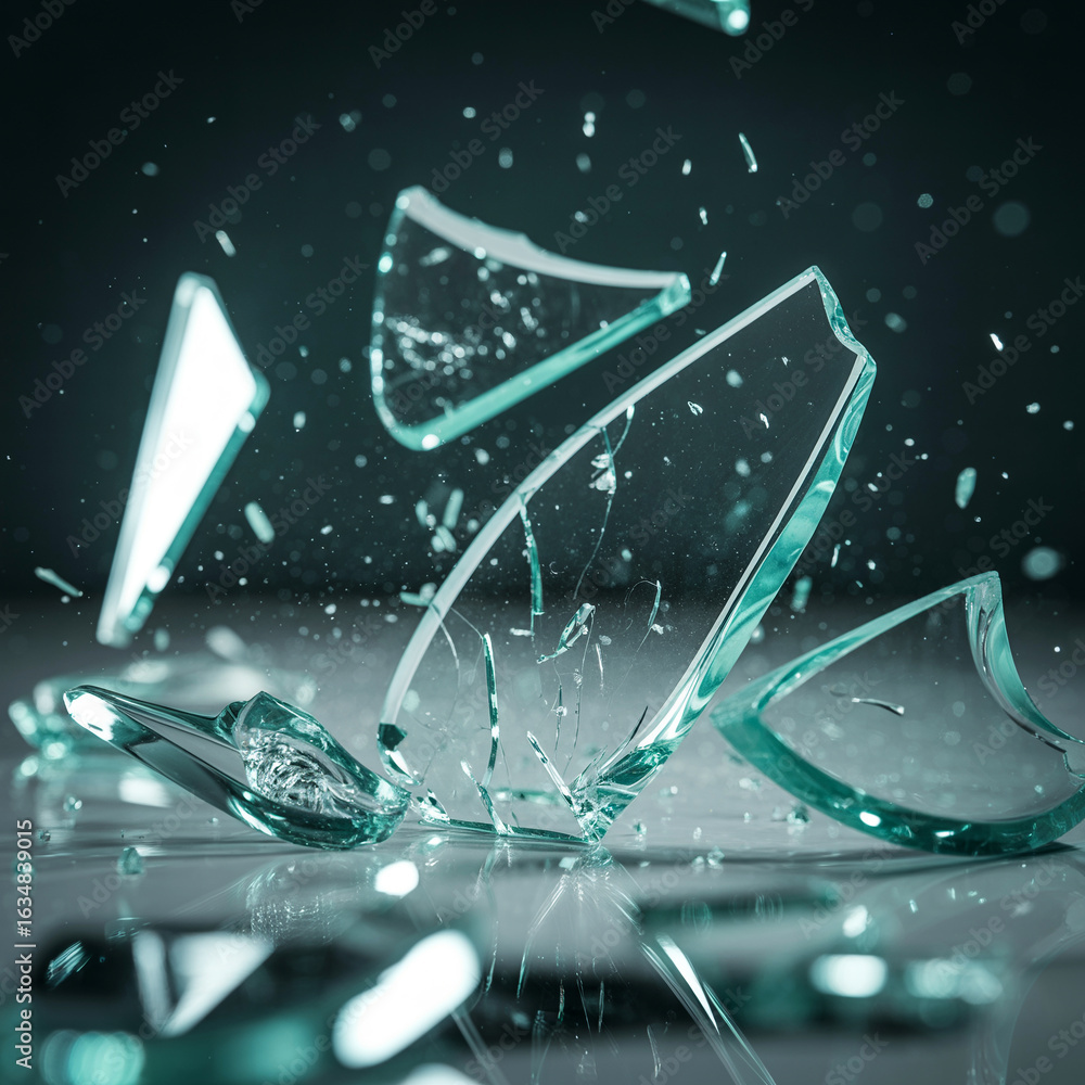 Aufkleber shards of glass fragments with sharp edges reflecting light in a dynamic composition evoking fragili
