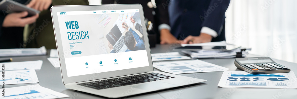 Poster panorama shot analyst team utilizing bi fintech to analyze financial report with laptop. businesspeo