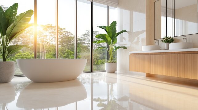 Bright modern bathroom interior with bathtub and green view