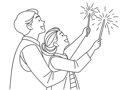 couple holding sparklers, celebrating, black and white clip art preview