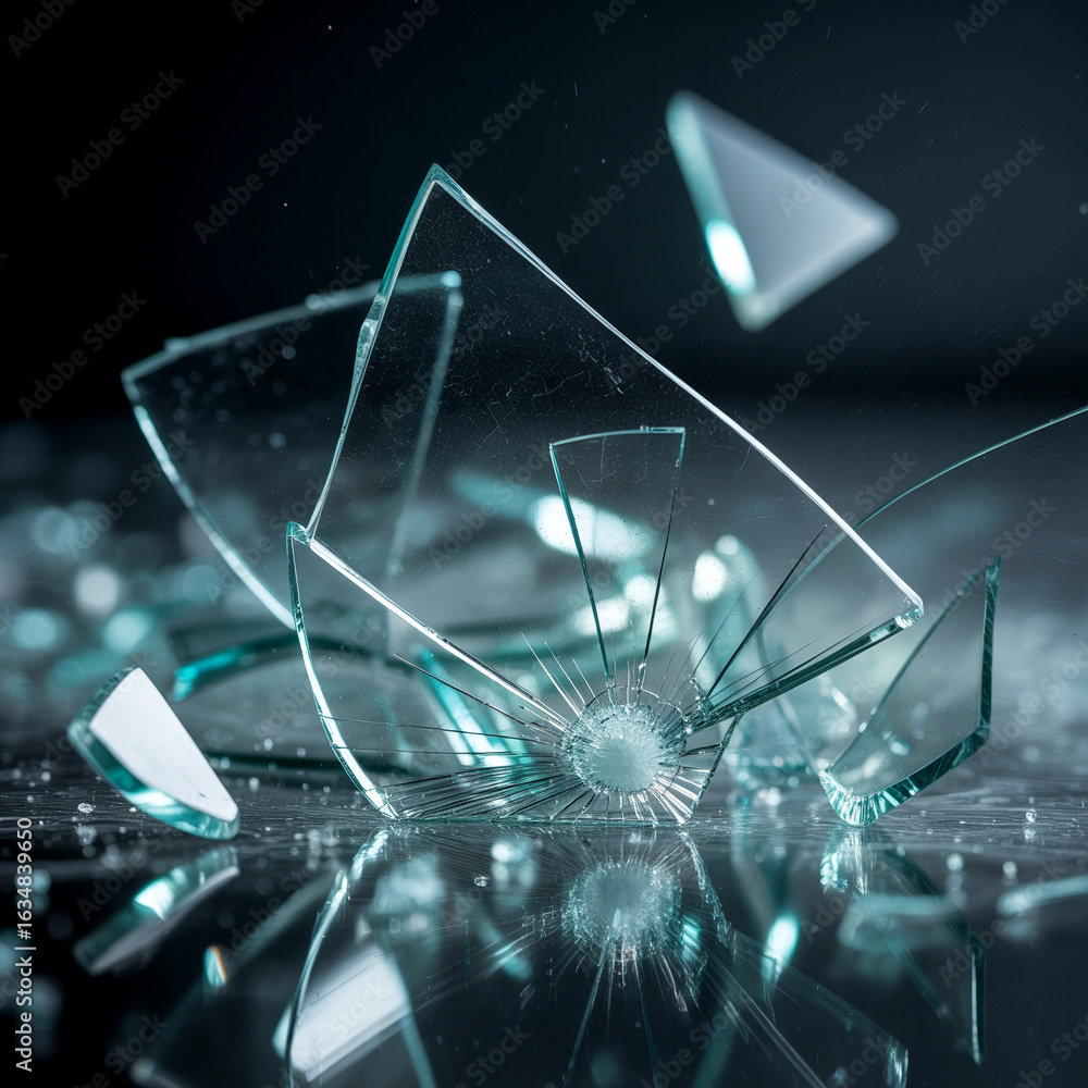 Aufkleber shattered glass with sharp edges and reflections creating abstract patterns on a dark surface provid