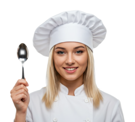 Young caucasian female chef in white uniform holding spoon smiling. Cut out PNG