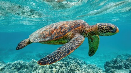 Obraz premium Sea turtle near coral reef in clear waters, perfect for ocean conservation, educational content, or serene underwater visuals.