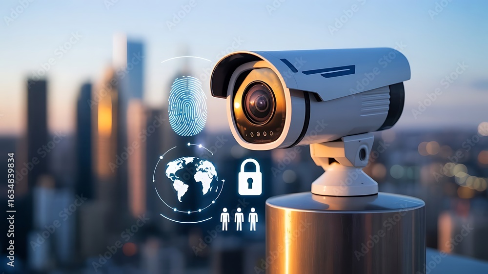 Poster surveillance-camera-biometric-security-interface-with-digital-icons-technology-background-cityscape-