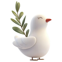 Serene Dove of Peace: A whimsical, cartoon-style dove, bearing a sprig of olive branches, evokes a sense of serenity and hope. This image is a symbol of peace and tranquility.