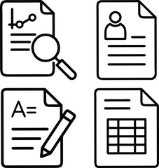 Four simple line art icons representing business documents, education, research, and data analysis. Includes a magnifying glass, pencil, and spreadsheet.