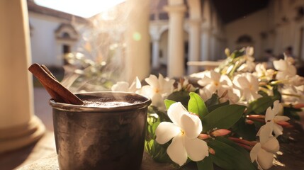 Coffee with cinnamon and gardenias for morning ritual, perfect for cultural posts, beverage art, or aromatic visuals.