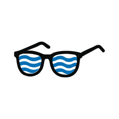 Fototapeta premium Sunglasses reflecting the ocean waves a summer getaway visual with black frames and blue water pattern for a modern minimalist design