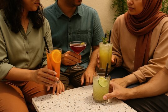 Friends enjoying colorful cocktails together.