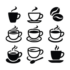 Collection of Coffee Cup Icons in Black and White for Cafe or Restaurant Use