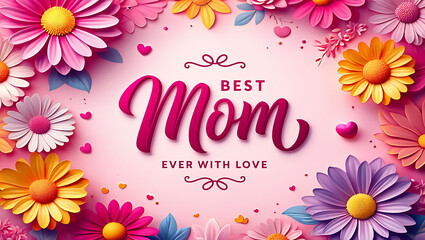 Happy birthday card with pink floral frame and blossoming flowers design