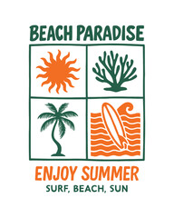 Beach Paradise Summer Vacation Graphic with Sun Coral Palm Tree and Surfboard Design Celebrating Tropical Getaways and Relaxing Time on Sunny Shores