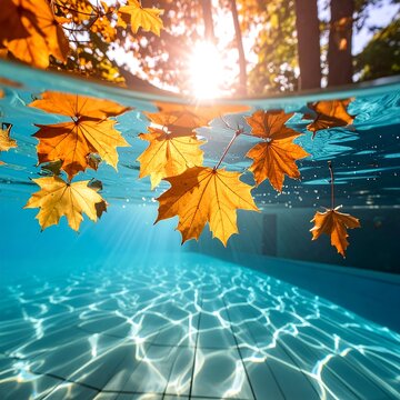 Sunlit autumn leaves float in a clear blue pool