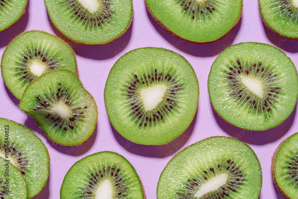 Poster vibrant green kiwi slices arranged on a soft purple background, creating a visually appealing, repet
