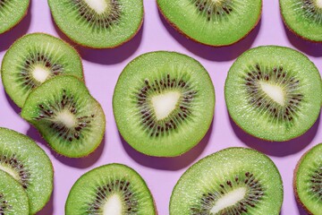 Vibrant green kiwi slices arranged on a soft purple background, creating a visually appealing, repetitive pattern with varying light and shadow