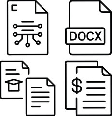 A collection of four line art icons depicting different types of documents, including technology, education, finance, and a DOCX file.