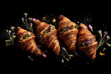 Delicious appetizing bread croissant with beautiful flowers. Exotic food. Image for designers, marketers and IT. Popular illustration, object. Sphere of trade, economy, sales.