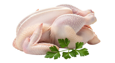 Raw whole chicken with parsley isolated on transparent background