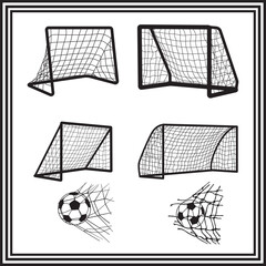 Football Goal Silhouette Collection, Soccer Net and Ball Illustrations, Black and White Soccer Equipment Design