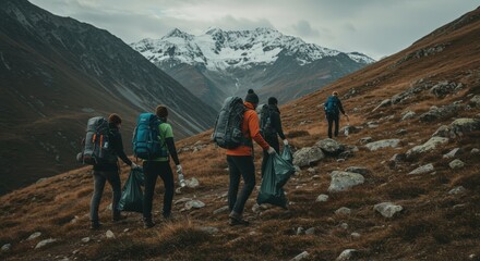 Group of hikers cleaning the mountainside in snowy landscape during cloudy afternoon