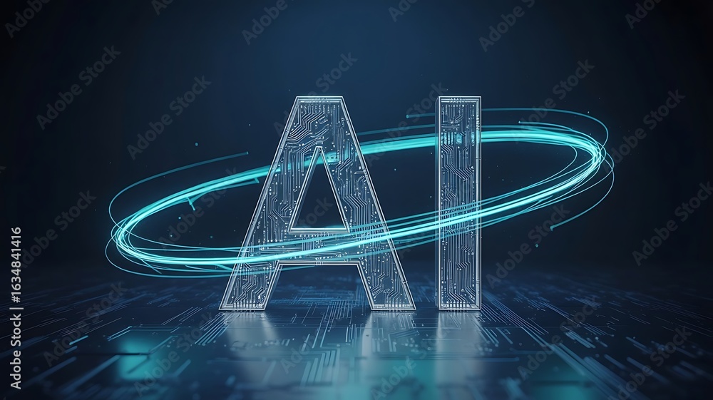 Poster futuristic-ai-typography-with-circuit-pattern-glowing-blue-light-swirl-digital-technology-background