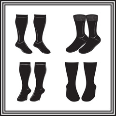 Socks Silhouette Icon Set, Athletic Footwear Illustrations, Black and White Sock Designs for Apparel and Branding
