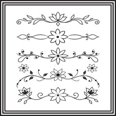 Floral Border Designs Vector Set, Decorative Flower Line Art, Elegant Floral Dividers for Invitations and Stationery