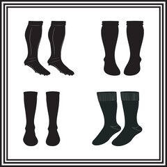 Sports Socks Silhouette Collection, Black and White Sock Icon Set, Athletic Footwear Illustrations for Apparel and Branding