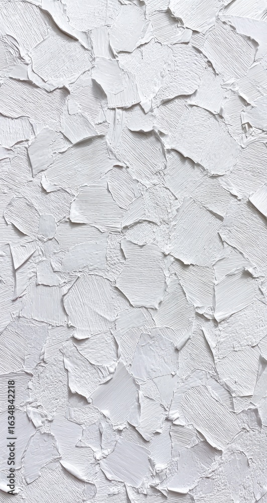 Poster close-up of a heavily textured, off-white surface with cracked and peeling paint, creating an abstra