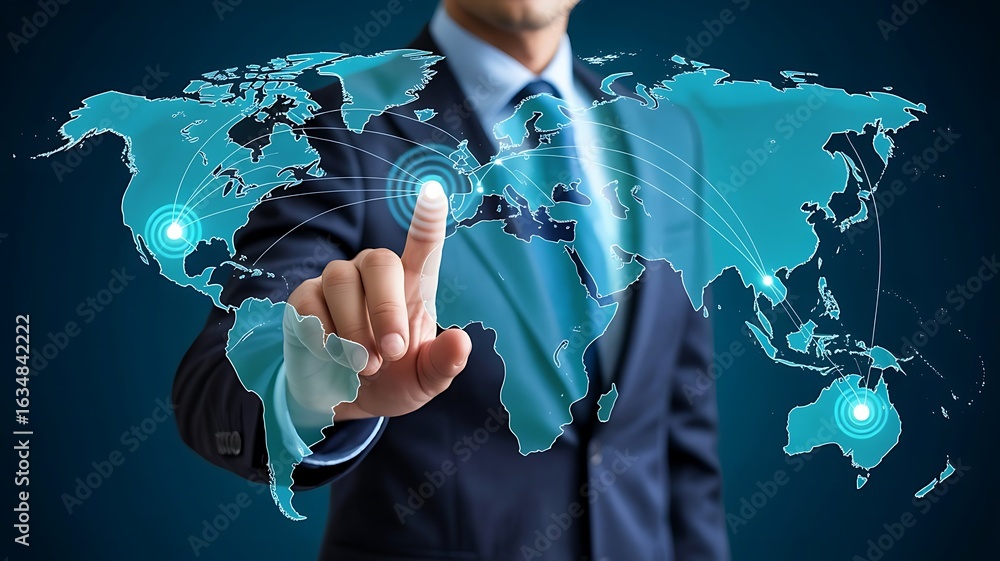 Poster usinessman-interacting-with-glowing-digital-world-map-interface-dark-background-global-communication