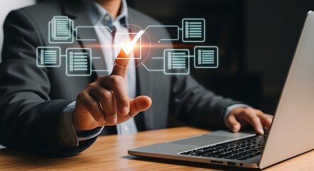 Workflow automation concept: businessman using laptop for digital process management system