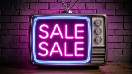 Bright Neon Sale Sign on Vintage Television in a Stylish Urban Setting