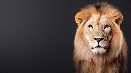 Fototapeta premium Majestic lion portrait on dark background wildlife animal face close up