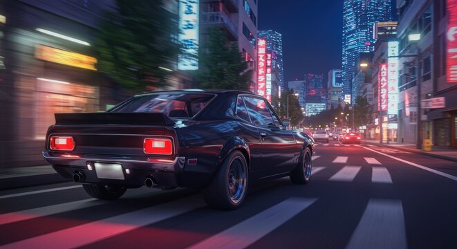 Car cruising through a vibrant city street at night with neon lights