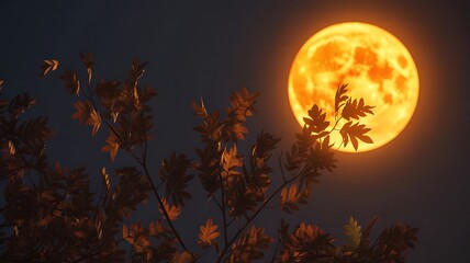 Glowing orange moon behind autumn foliage night